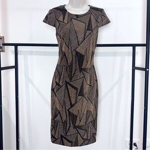 Vince Camuto Metallic Formal Cocktail Wedding Geometric Midi Cap Sleeve Dress